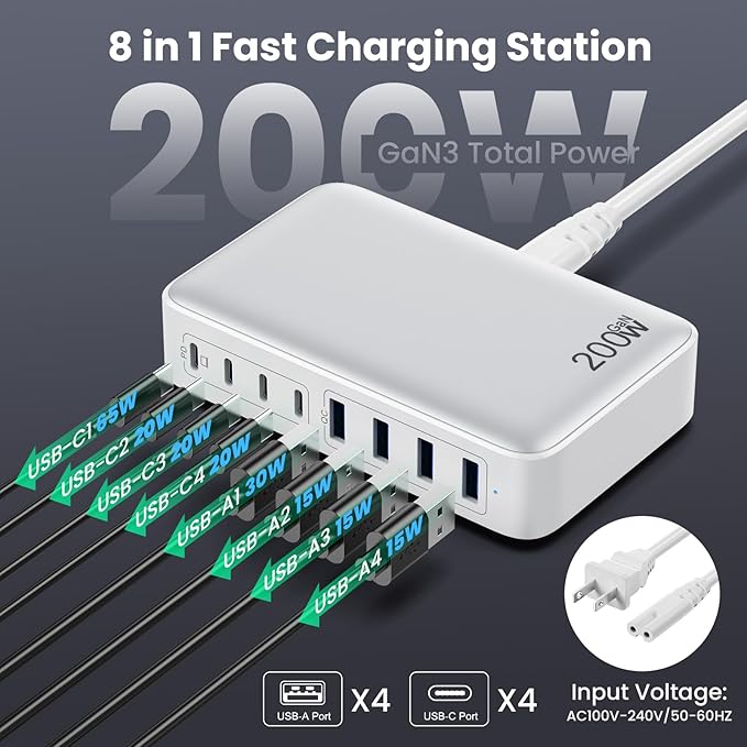 USB C Charger 200W USB C Charger Block,Upgraded GaN III 8-Port Fast Charging Station Hub,PD 65W Laptop Charging Adapter Compatible with MacBook Pro/Air,DELL,Steam Deck,iPhone 16/15/14,Galaxy S23/22-DeskoryOffice