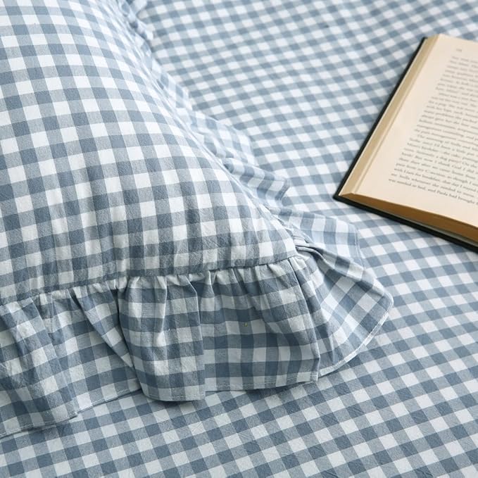 Silnuo Light Blue/White Plaid Ruffle Duvet Cover King Size, 100% Washed Cotton - Image 6