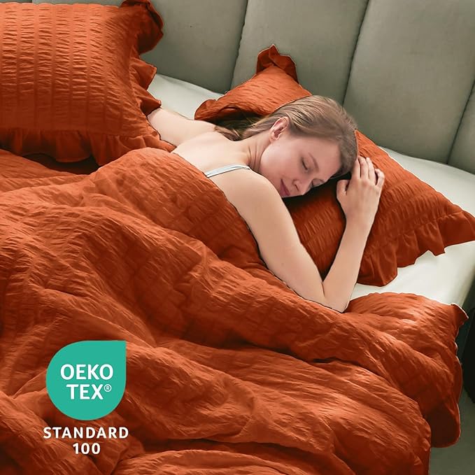 JOLLYVOGUE Burnt Orange Queen Comforter Set, 3 Pieces Seersucker Comforters - Image 7