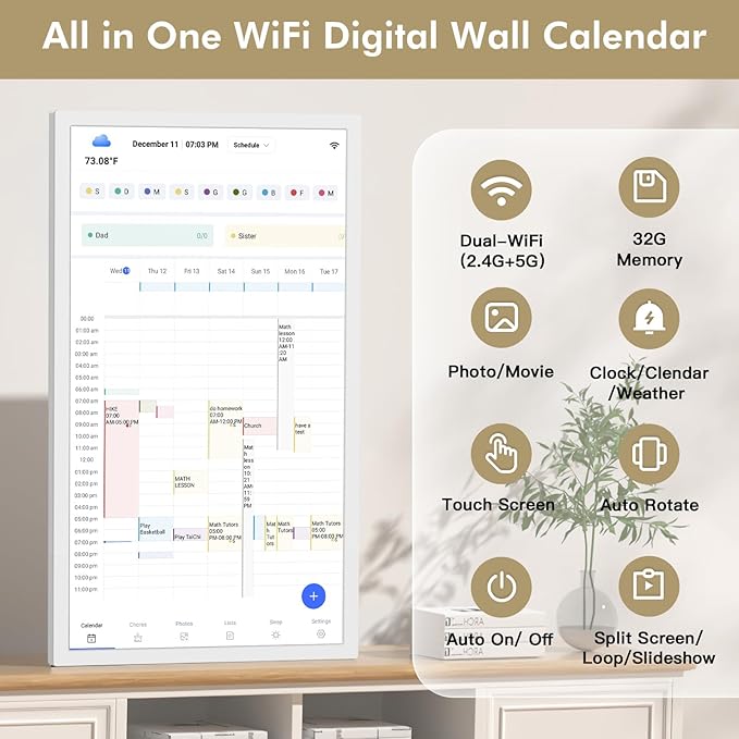 Digital Calendar Chore-Chart for-Family-Meal Planner - 27 inch Touchscreen Interactive Display Smart Calendar for Family To Do List, Dual-WiFi, Auto-Sync Google iCloud Outlook Calendars, Wall Mounted-DeskoryOffice