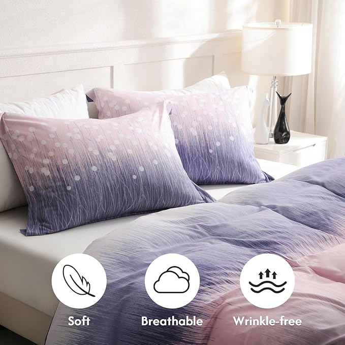 LONAVA Queen Patchwork 3 Pcs Duvet Cover Set, Breathable Soft Microfiber Purple - Image 3