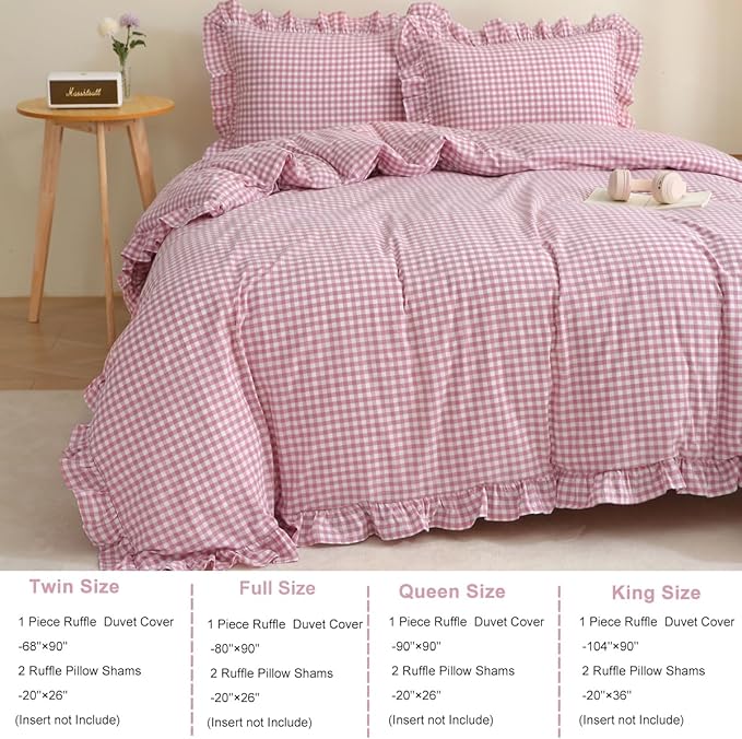 Silnuo Vintage Pink/White Plaid Ruffle 3-Piece Duvet Cover Set Twin Size - Image 3