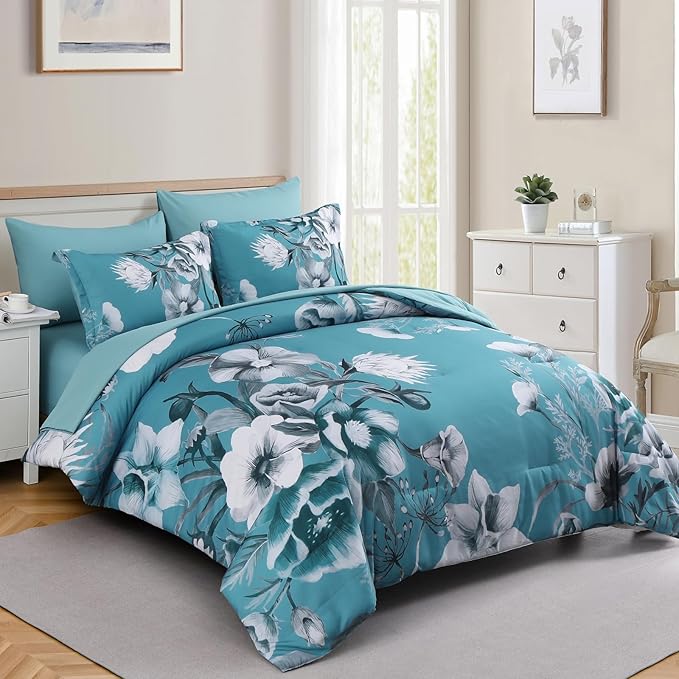 Luxudecor Floral Comforter Set King Size 7 Piece, Teal Blue Flower Bed in a Bag - Image 2