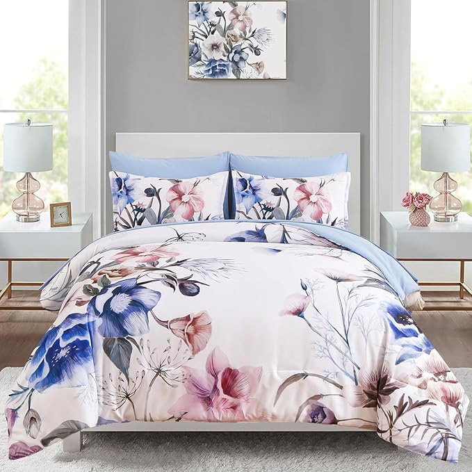 Luxudecor Floral Comforter Set Queen Size 7 Piece, Elegant Floral Comforter by Luxudecor