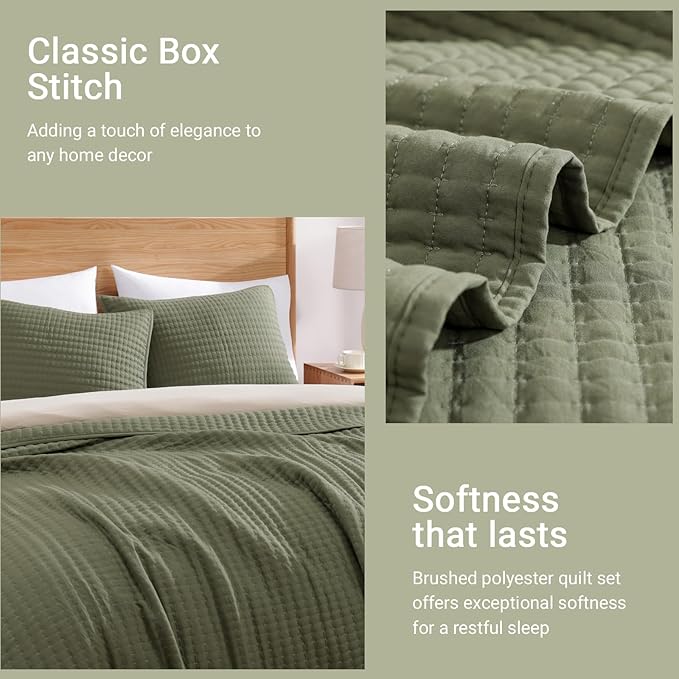 WRENSONGE Queen Quilt-3 Pieces Lightweight Bedspreads Olive Green Queen Size - Image 6