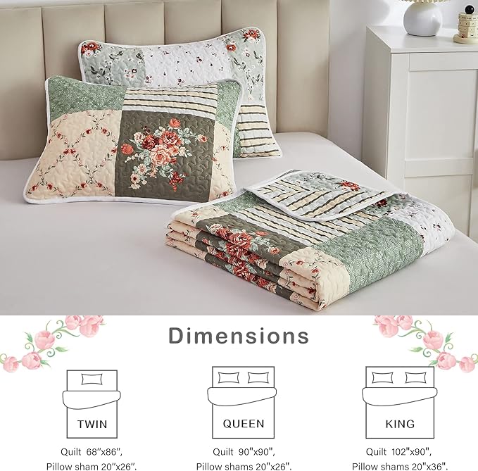 Patchwork Quilt Set Twin Size, 2 Pieces Green White Floral Plaid Design Summer - Image 6