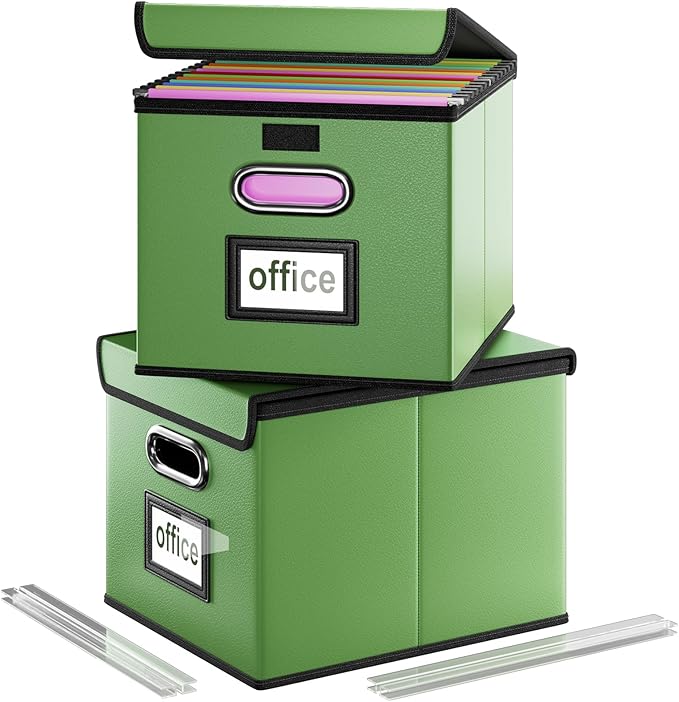 Huolewa Portable Leather File Organizer Storage Boxes, Collapsible File Folder Organizer Boxes with Lids, Document Organizer, Decorative Filing Box Cabinet for Letter/Legal File Folder Storage-DeskoryOffice