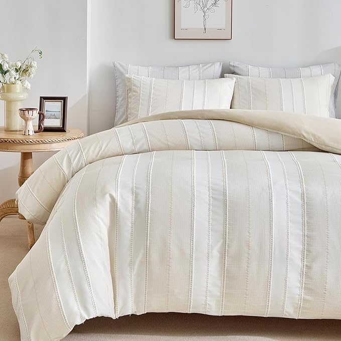 WARMDERN Khaki Striped Weave Duvet Cover King Size, Microfiber Textured Bedding by WARMDERN