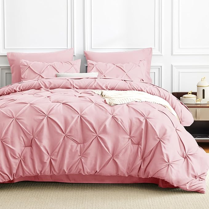 HIMEET Pintuck Bed in a Bag, 7 Pieces Queen Size Comforter Set Pink, Luxury - Image 9