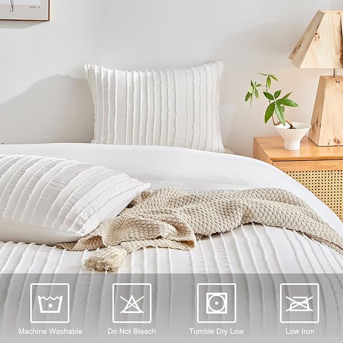 WARMDERN White Boho Duvet Cover Set Full Size, Striped Textured Duvet Cover - Image 4