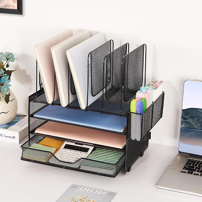 Desk Organizers and Accessories, 3-Tier Paper Organizer with 5 Vertical File Holders, File Organizer for Desk (Black With Drawer, 3T With Drawer)-DeskoryOffice