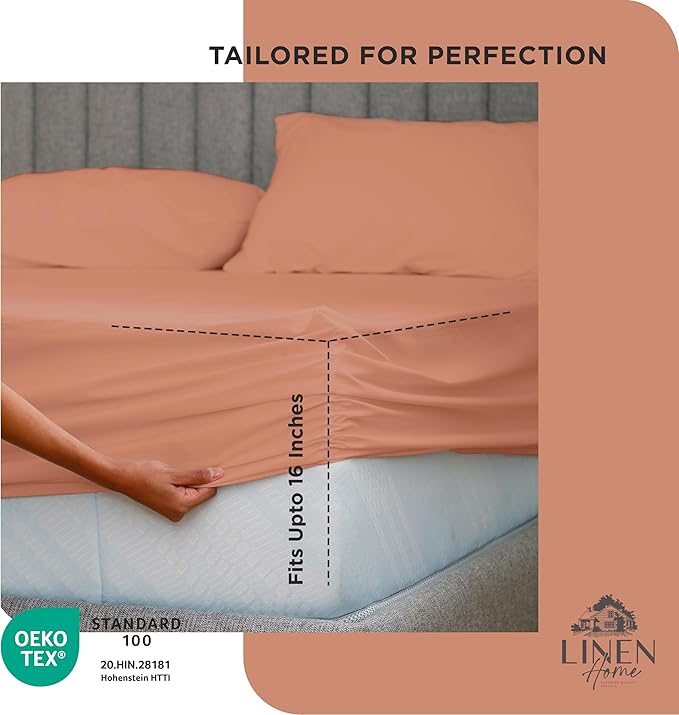 Linen Home 100% Cotton Percale Weave Fitted Sheet, Full Size, Tera Clay - Image 3