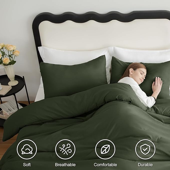 CozyLux King Size Comforter Set Dark Green, 3 Pieces Solid Comforters King Size - Image 5