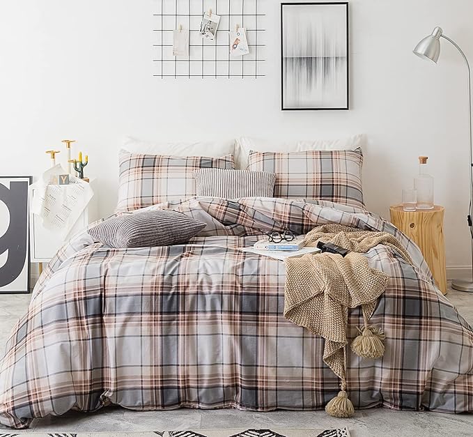 SUSYBAO Plaid Duvet Cover Queen 100% Cotton Khaki Gingham Duvet Cover Set 3 by SUSYBAO
