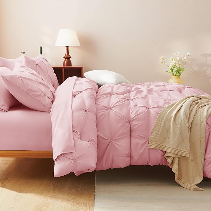 CozyLux King Size Comforter Set Pink, 7 Pieces Pintuck Bed in A Bag Pink - Image 8