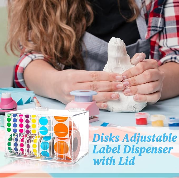 10 Disks Adjustable Label Dispenser with Lid 7.7 * 5.5 * 5.2 Inches Acrylic Sticker Dispenser Sticker Roll Holder for Holding Multi-Label Sticker Tape Date Markers Label Office (Not Include Sticker)-DeskoryOffice