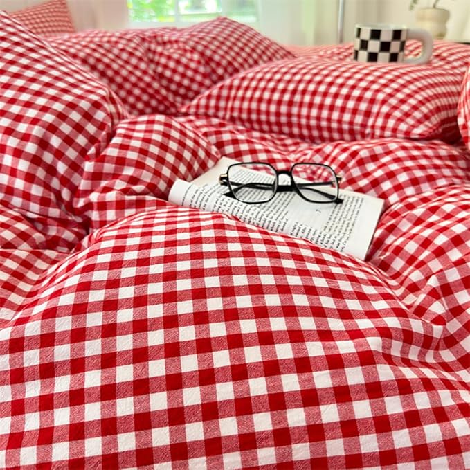 Nayoroom Red Gingham Duvet Cover Queen Size 100% Washed Cotton Plaid Checkered - Image 4