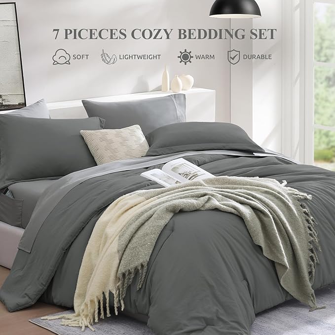 WRENSONGE King Size Comforter Set- 7 Pieces Soft Grey Bed in a Bag - Image 3