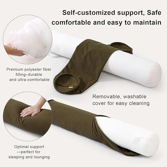 Long Bolster Pillow for Bed – Soft Corduroy Body Pillow for Adults, Ergonomic Full-Length Support for Better Sleep,39 x 7.87 Inches,Martini 0live