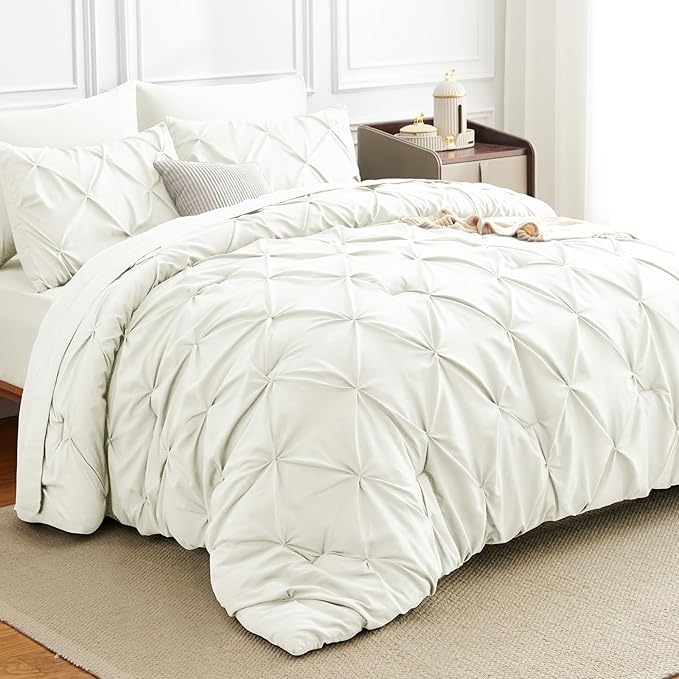 HIMEET Pintuck Bed in a Bag, 7 Pieces Queen Size Comforter Set Ivory, Luxury by Unknown