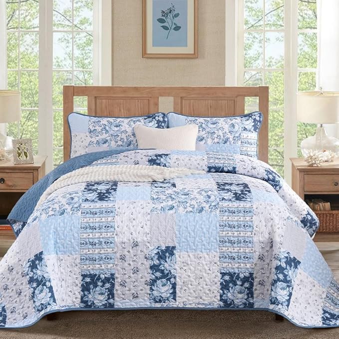 Anibedding Blue Patchwork Quilt Set King Size Boho Floral Plaid Bedspread by Anibedding