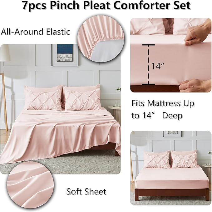 CozyLux Queen Comforter Set Blush Pink, 7 Pieces Pintuck Bed in A Bag, Premium - Image 6