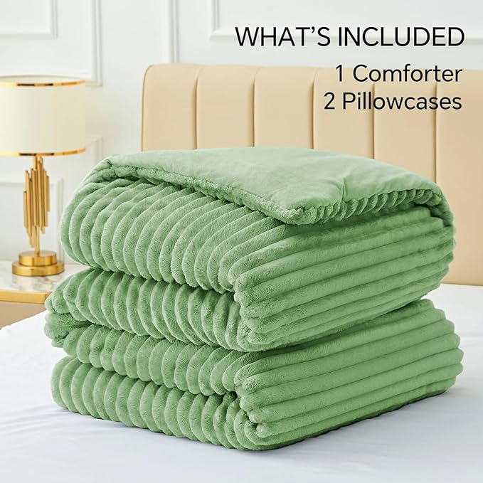 BEDELITE Fleece King Comforter Set -Super Soft & Warm Fluffy Green Bedding - Image 6