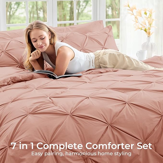 Sasttie California King Comforter Set, 7-Piece Bed in a Bag Cal King, Pintuck - Image 6