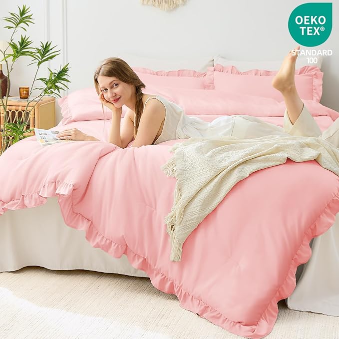 FUANNA Pink Queen Comforter Set, 3 Pieces Ruffle Queen Bed Set, Fluffy Bed in a - Image 3