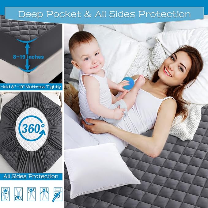GRT Twin XL Size Grey Quilted Fitted Mattress Pad, 100% Waterproof Breathable - Image 4