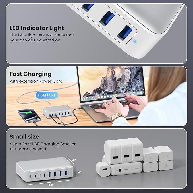 USB C Charger 200W USB C Charger Block,Upgraded GaN III 8-Port Fast Charging Station Hub,PD 65W Laptop Charging Adapter Compatible with MacBook Pro/Air,DELL,Steam Deck,iPhone 16/15/14,Galaxy S23/22-DeskoryOffice