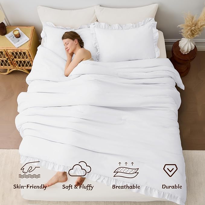 FUANNA Twin Comforter Set White, 2 Pieces Ruffle Twin Bed Set, Fluffy Twin - Image 4