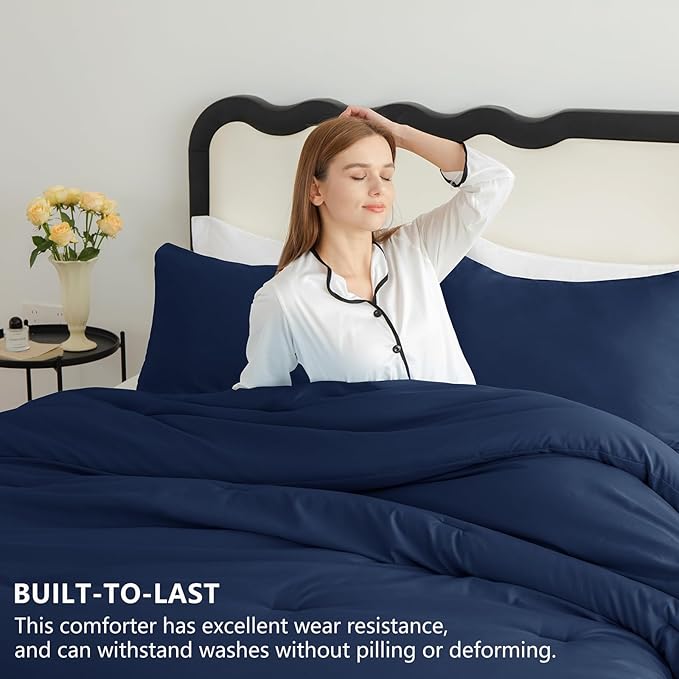 CozyLux Navy Blue King Size Comforter Set, 3 Pieces Solid Breathable Quilted - Image 2