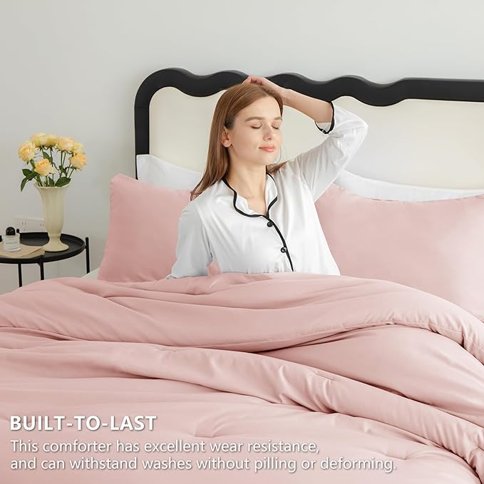 CozyLux Oversized Queen Comforter Set Blush Pink, 3 Pieces 98x98 Solid - Image 3