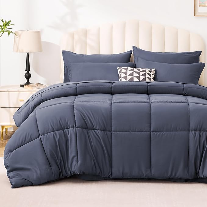 Love's cabin King Size Comforter Set Indigo Blue, 7 Pieces King Bed in a Bag by Lovescabin