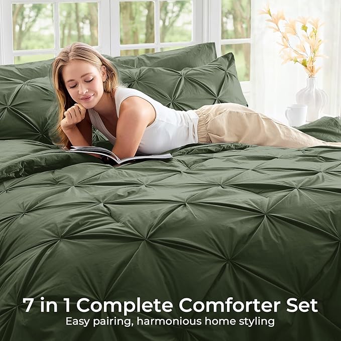 Sasttie Queen Comforter Set, 7-Piece Bed in a Bag, Pintuck Bedding Set - Image 6
