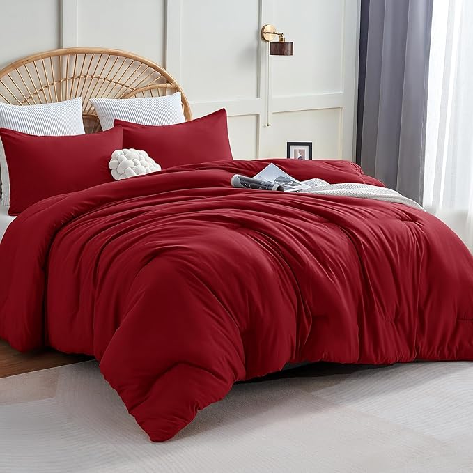 CozyLux Oversized Queen Comforter Set Dark Red, 3 Pieces 98x98 Solid Breathable by CozyLux