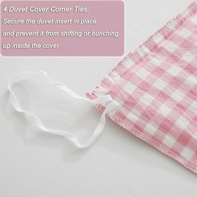 Silnuo Vintage Pink/White Plaid Ruffle 3-Piece Duvet Cover Set Queen Size - Image 6