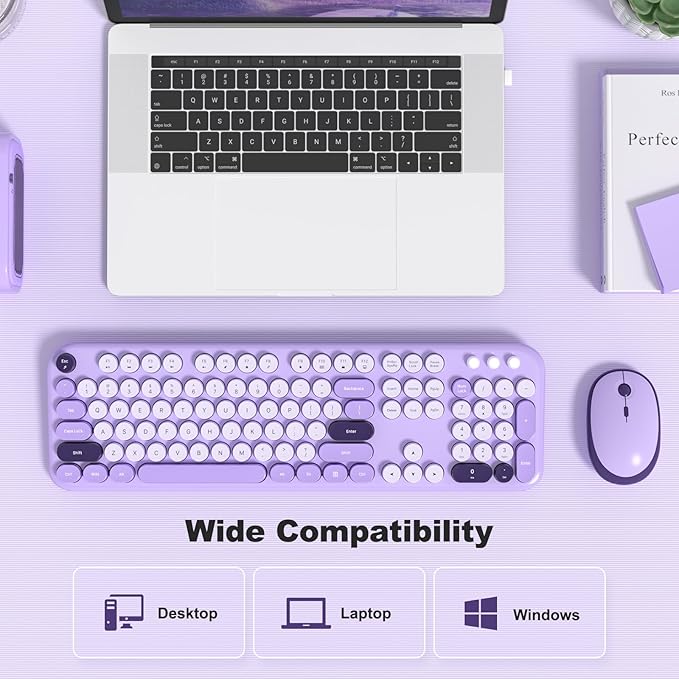MOFII Wireless Keyboard and Mouse, Retro Typewriter Keyboard and Silent Mouse, 2.4GHz Full Size Keyboard and Mouse Wireless Combo for Laptop, PC, Desktop, Windows (Violet)-DeskoryOffice