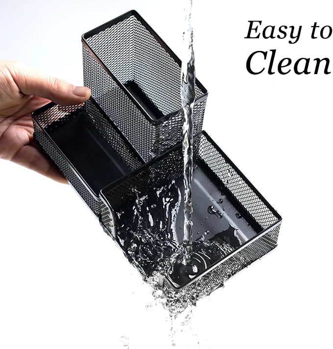 4 Pieces Mesh Pen Holder Desk Organizers and Accessories for Deskop Organizer,3 Compartments Black Pencil Holder for Office Supplies,Gifts for Colleague-DeskoryOffice