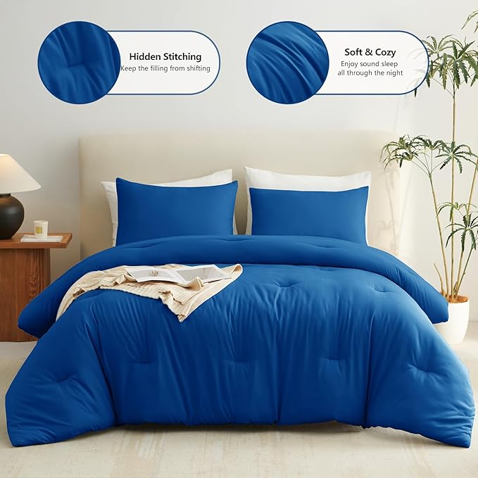 CozyLux Queen Comforter Set Classic Blue, 3 Pieces Solid Comforters Queen Size - Image 2