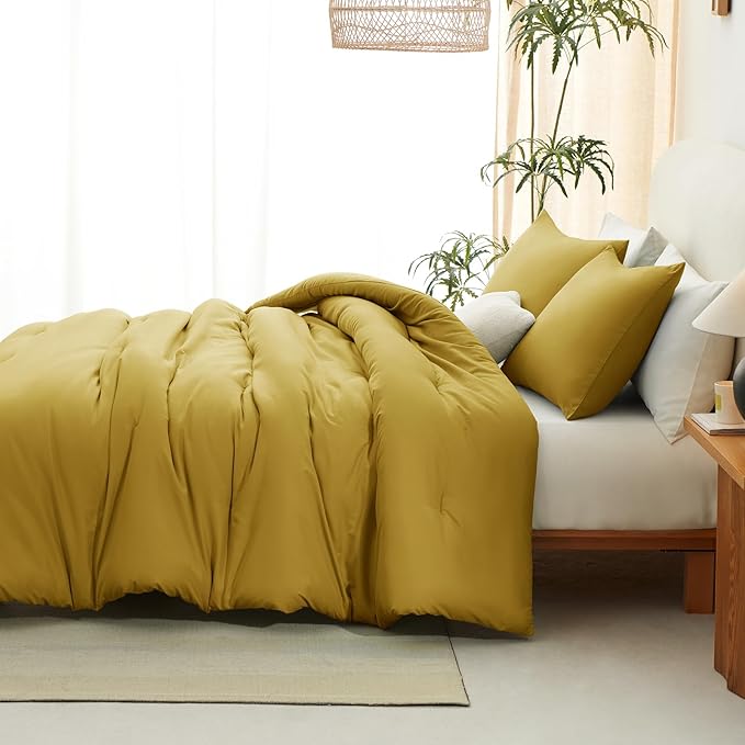 CozyLux King Size Comforter Set Mustard Yellow, 3 Pieces Solid Comforters King - Image 6