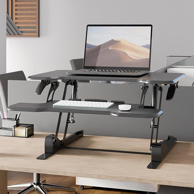 Mount-It! Height Adjustable Standing Desk Converter, Compact 30” Wide Tabletop Standing Desk Riser with Gas Spring, Desktop Stand Up Workstation with Keyboard Tray Fits Monitor or Laptop, Black-DeskoryOffice