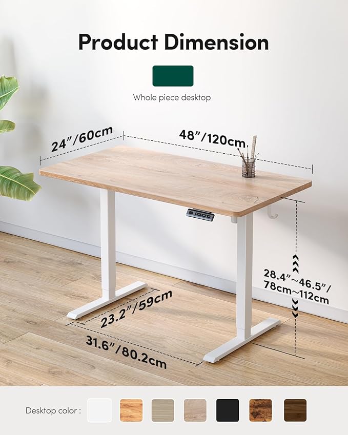 FEZIBO One-Piece Standing Desk Adjustable Height Stand up Home Office Desk, 48x24 Inch Electric Standing Computer Desk, with 4 Memory Presets, Fixable casters, Maple-DeskoryOffice