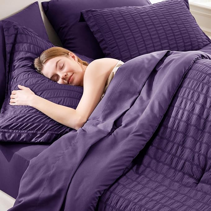 CozyLux King Size Comforter Set Purple Seersucker 7 Pieces Bed in a Bag King - Image 7