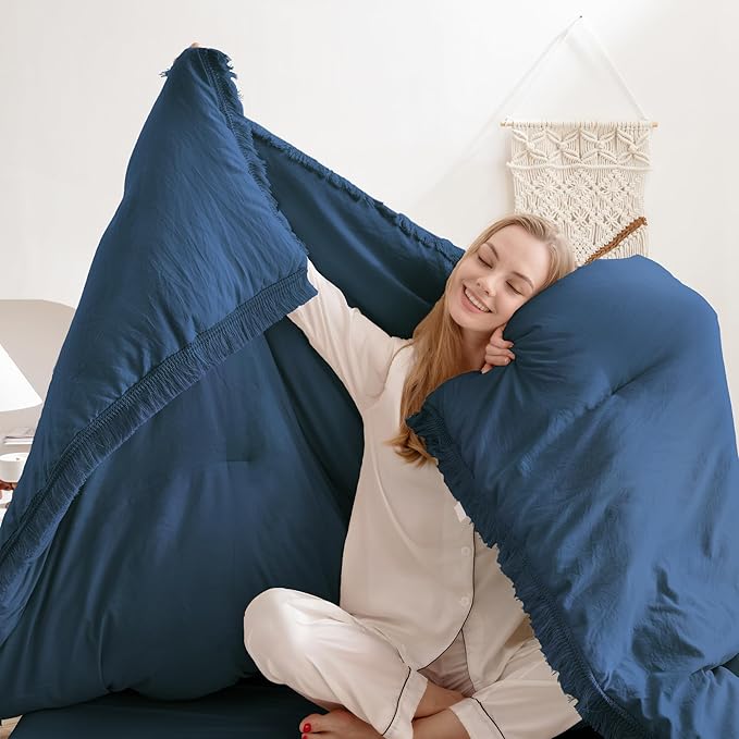 Andency Navy Blue Comforter Set Queen, 3 Pieces Boho Tassel Lightweight Bedding - Image 3