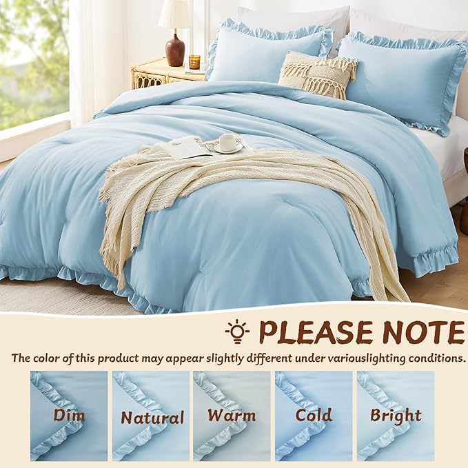 FUANNA King Size Comforter Set Light Blue, 3 Pieces Ruffle King Bedding Set - Image 6