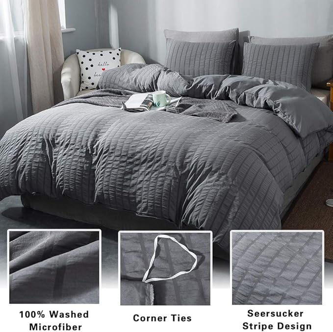 AveLom Seersucker Duvet Cover Set Full Size, 3 Pieces, Dark Gray Ultra Soft - Image 2