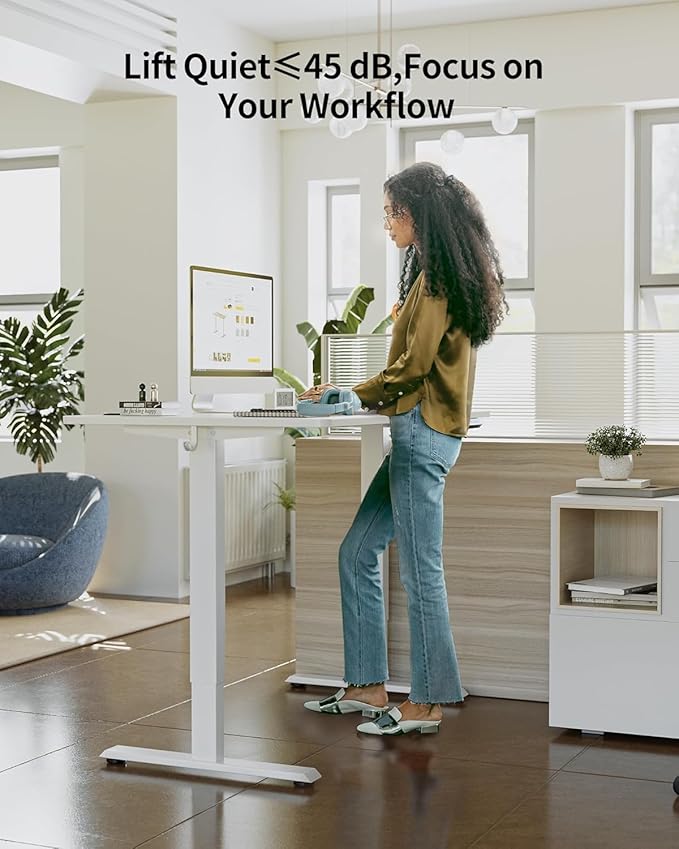 FEZIBO One-Piece Standing Desk Adjustable Height Stand up Home Office Desk, 48x24 Inch Electric Standing Computer Desk, with 4 Memory Presets, Fixable casters, White-DeskoryOffice