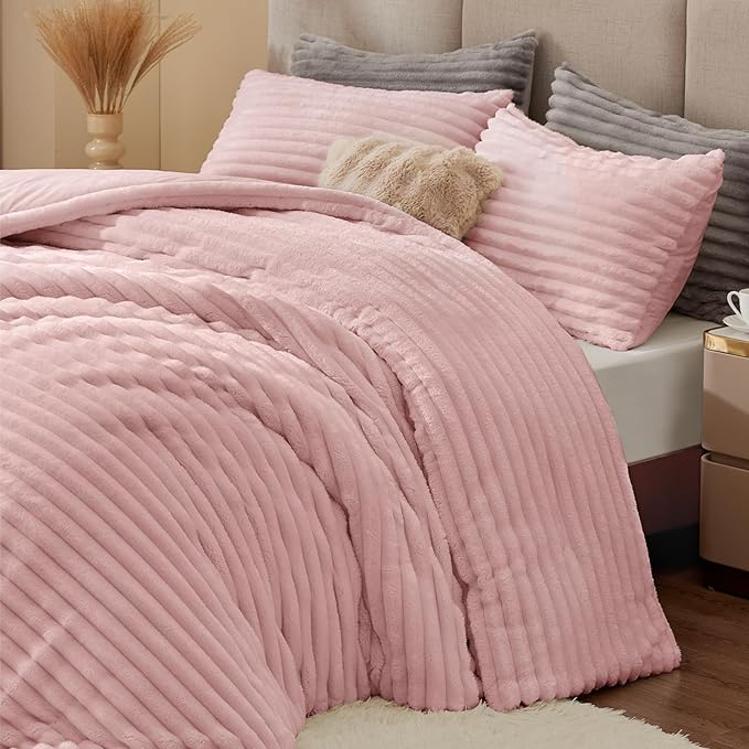 BEDELITE Fleece California King Comforter Set -Super Soft & Warm Fluffy Pink - Image 5